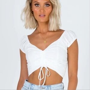 Princess Polly white cropped cinched tie front off the shoulder cap sleeve top